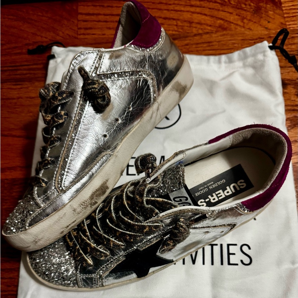 Golden Goose Metallic Silver Sneakers with Black Accent